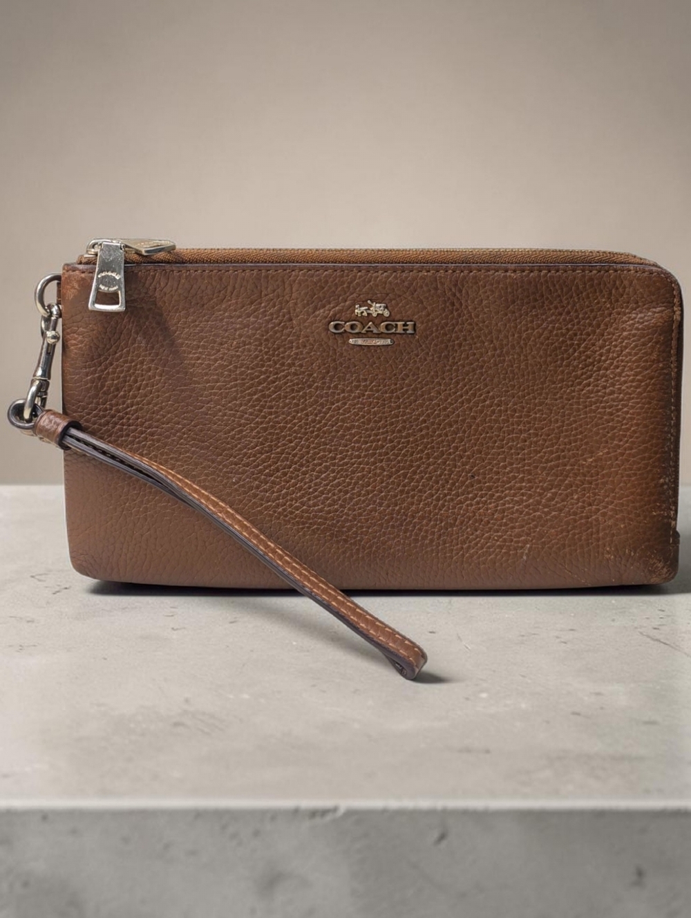 Coach Brown Pebbled Leather Double Zipper Closure Wristlet - Wallet